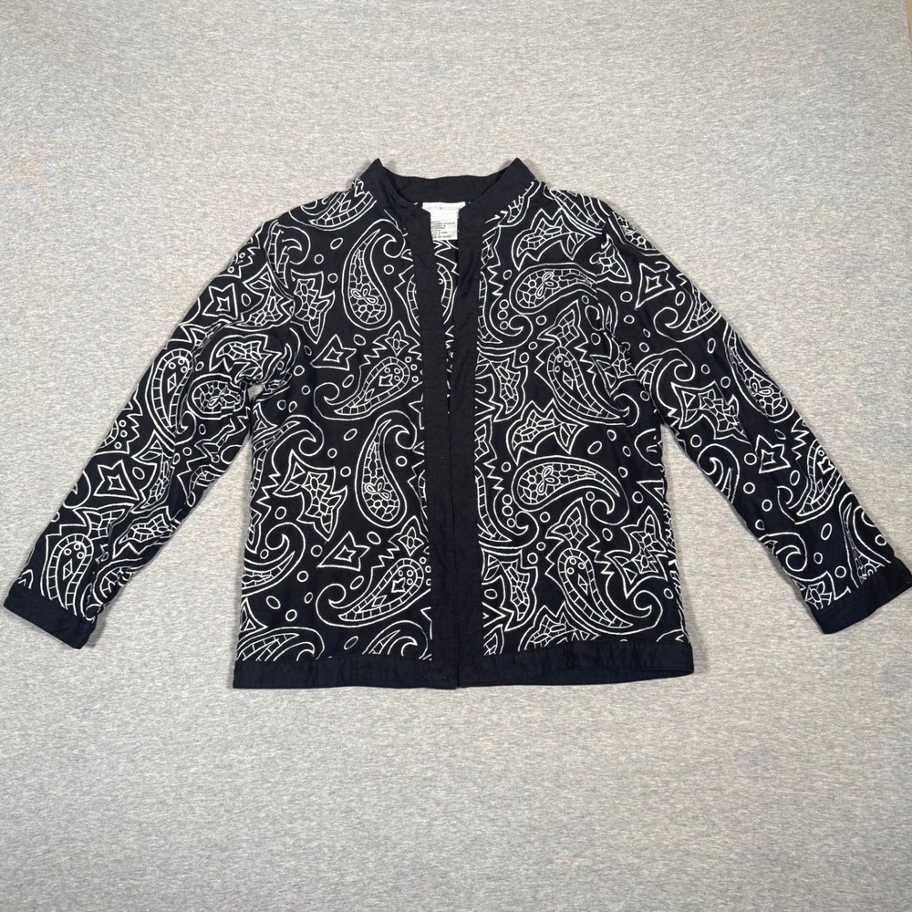 Victor Costa Occasion Womens Medium Black White Paisley Embroidered Linen Jacket